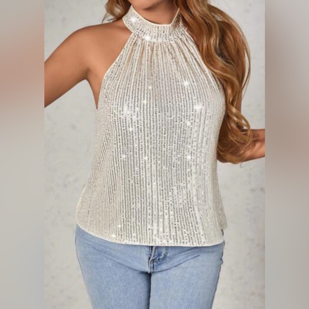 Sparkly White Silver Sequin Party Holiday Halter Top, SHEIN Size Small NYE NWOT